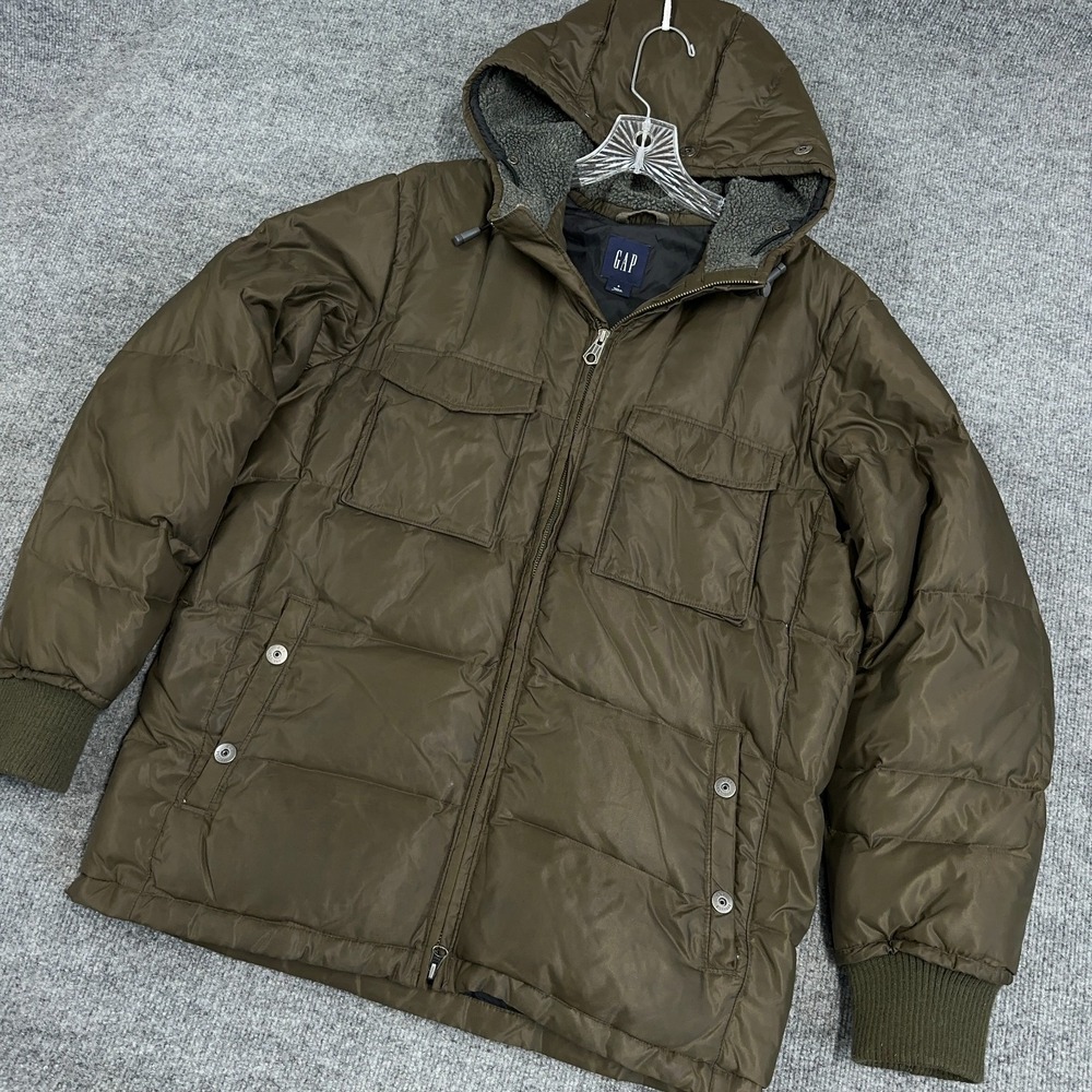 GAP Parka Coat Men Small‎ Olive Green Military Puffer Jacket Down Hood Lined